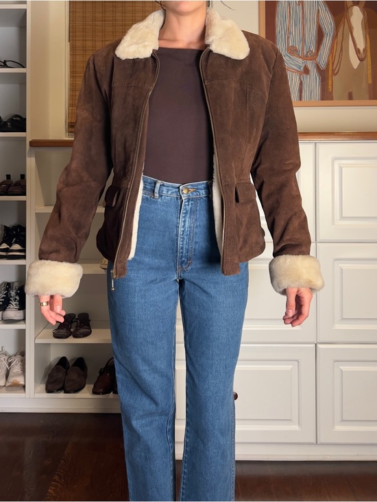 Women’s Brown Suede Shearling Collar Jacket - Picture 4 of 6